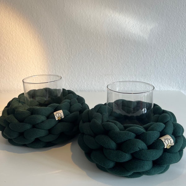 Lanterne, vert foncé, couronne, fil à tricoter grossier, Chunkyyarn - avec verre