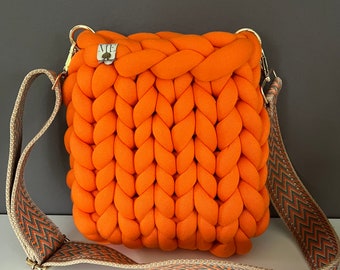 Sac à main en fil à tricoter en vrac, étui pour téléphone portable, gros fil, laine épaisse, orange