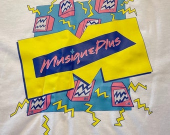 MusiquePlus T-Shirt, original logo, lightning bolts and TVs. Nine. Vintage from Quebec - 80s-90s