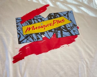 MusiquePlus T-Shirt, original logo, zebra, paint lines. Nine. Vintage from Quebec - 80s