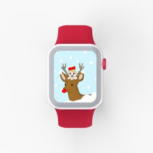 以下が含まれることがあります： 赤いバンドが付いた白いスマートウォッチで、クリスマスをテーマにした文字盤です。文字盤には、赤帽子をかぶった赤ちゃんを乗せた、漫画のトナカイが描かれています。背景は青で、白い雪の結晶が散りばめられています。