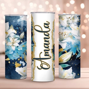 Personalized Gift for Mom Tumbler, Best Friend Mug, Custom Birthday Gift Cup, Blue & White Flower Travel Tumbler 20oz, Floral Lover Gift Cup