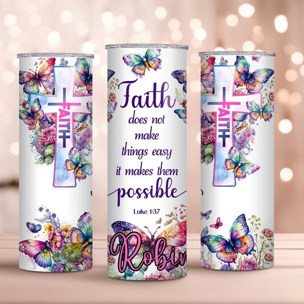 Faith Personalized Tumbler, Skinny 20oz Bible Affirmation Mug, Luke 1:37 Tumbler For Women, Inspirational Cup with Straw, Coffee Travel Mug