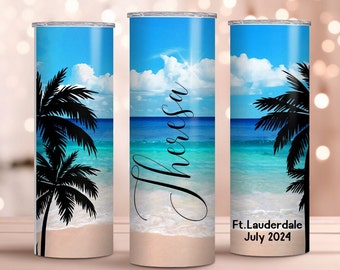 Personalized Ocean Beach Skinny 20oz Tumbler, Beach Wedding, Girl's Trip or Bachelorette Party Wine Cup, Anniversary Gift, Summer Vacation