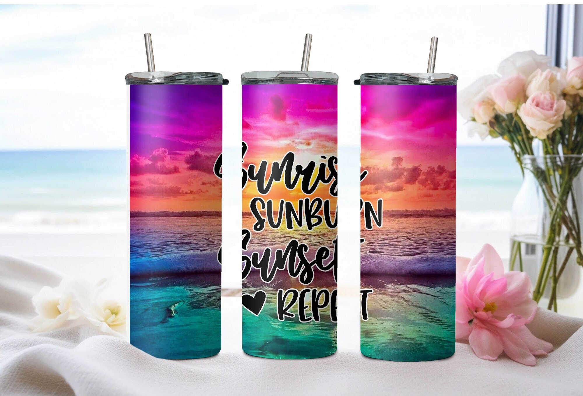 Pastel Beach Tumbler, 20 oz Skinny Tumbler, Sunrise Sunburn Sunset Rep -  LGH Designs Corp