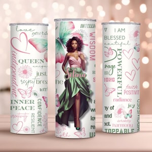 Personalized Melanin Queen Tumbler: Butterfly Affirmations, Empowered Women Gift