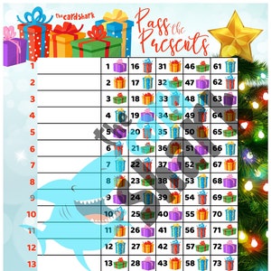 Tarjeta de juego de bingo navideño Pass The Presents (directa, mixta y en blanco)