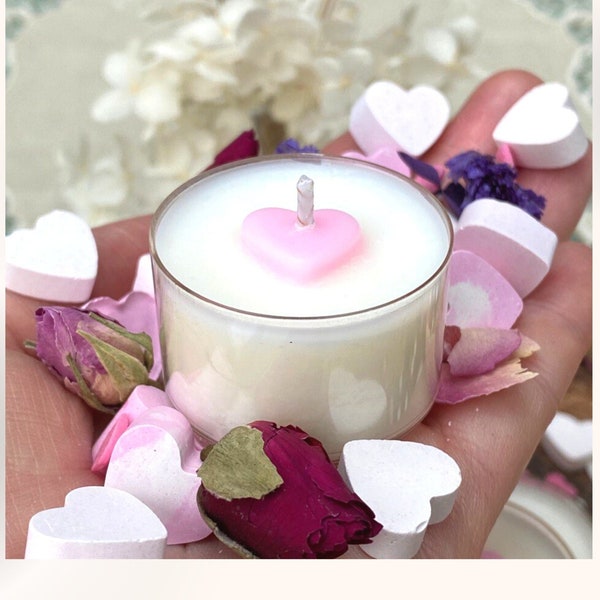 All-Natural Soy Wax Tea Lights With Heart - Mini Tealight Candles Decor - Vegan Sustainable Gift Idea For Valentine's Day Wedding Birthday