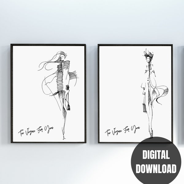 Set of Two Sketch Fashion Figures - Handwritten "Too Vogue for You" - Fashionable Sketch Art Prints: Set of Two Vogue Figures Chic Wall Art