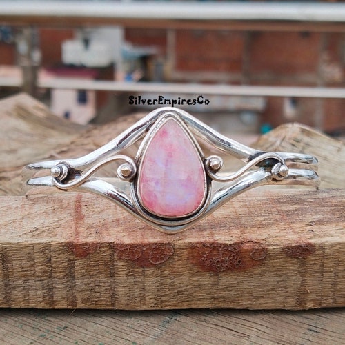 Bracelet jonc en pierre de lune rose, bracelet femme, bracelet en argent sterling 925, bracelet fait main, bracelet serti, bracelet en pierre précieuse, bracelet d'anniversaire