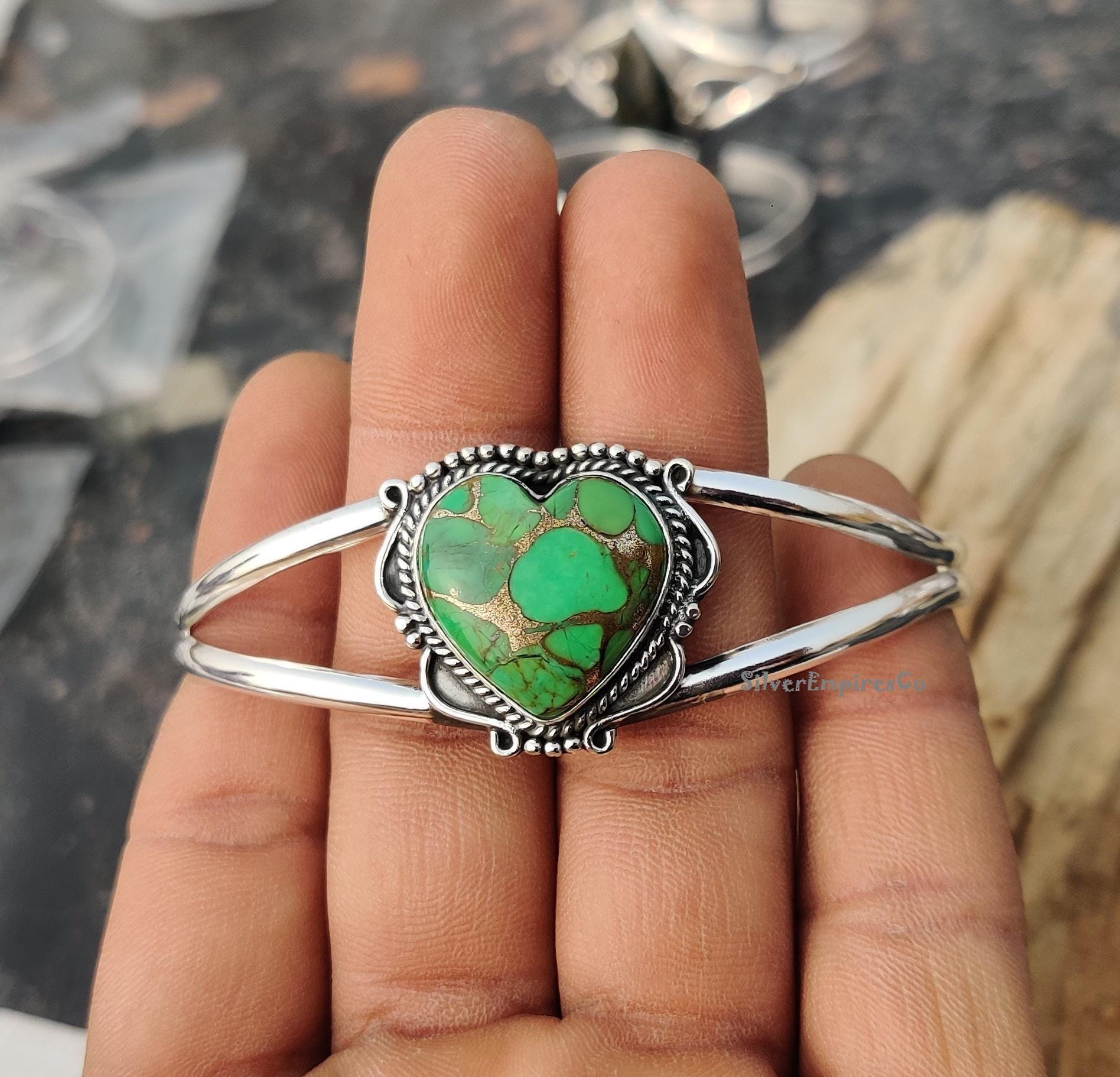 最高品質のグリーン銅ターコイズバングル ソリッド925スターリング