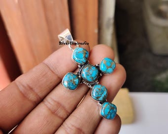 Turquoise Cross Pendant, 925 Sterling Silver Necklace, Handmade Southwestern Jewelry for Women,Turquoise Pendant Necklace,Gift for Mother.