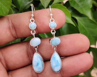 Stunning Larimar Silver Earrings, 925 Sterling Silver Earring, Unique Statement Piece Earring Jewelry, Serene Blue Gemstone Dangles Earrings