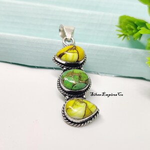 Honey Dahlia Pendant, 925 Sterling Silver, Green Copper Turquoise Pendant, Mini Pendant Necklace, 3 Stone Pendant Bild 6