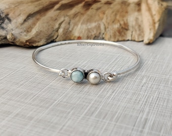 Two Stone Bangle Larimar Pearl Bangle, Solid 925 Sterling Silver Bangle, Most Beautiful Jewelry In World Bangle, Birthday Gift For GirlQ35