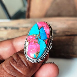 Ring i massivt 925 sterlingsilver, sockervadd i rosa koppar med turkos, handgjord ring, splitbandsring, rosa taggig ostronring, smyckegåva bild 8