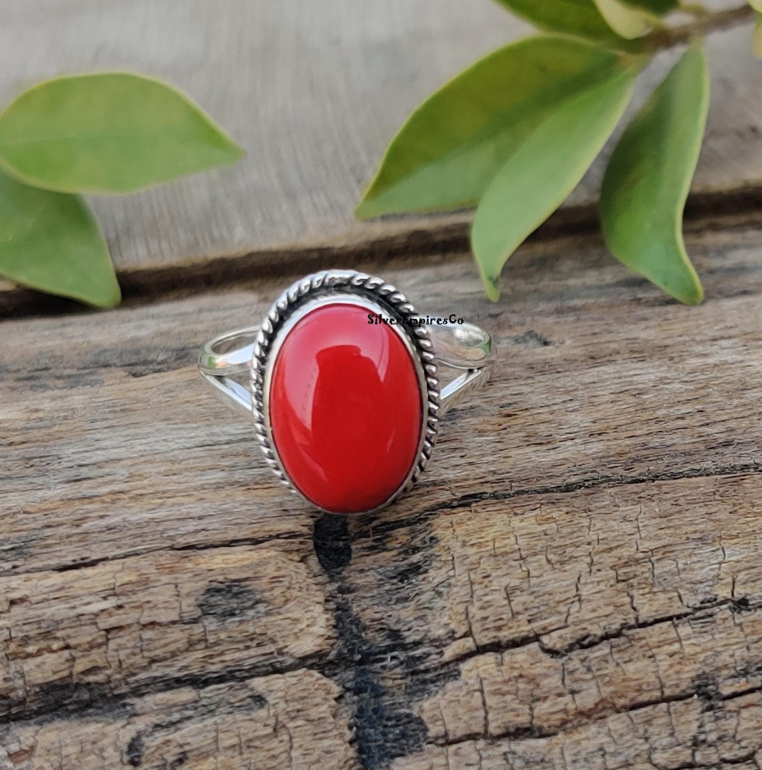 Shinning Red Coral Gemstone Ring, Oval Shape Ring, 925 Sterling