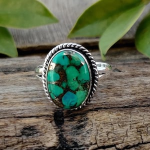 Groene koperen turquoise edelsteen ring, 925 sterling zilver, gratis verzending ring, alle maten ring, handgemaakte sieraden, cadeau voor Thanksgiving.