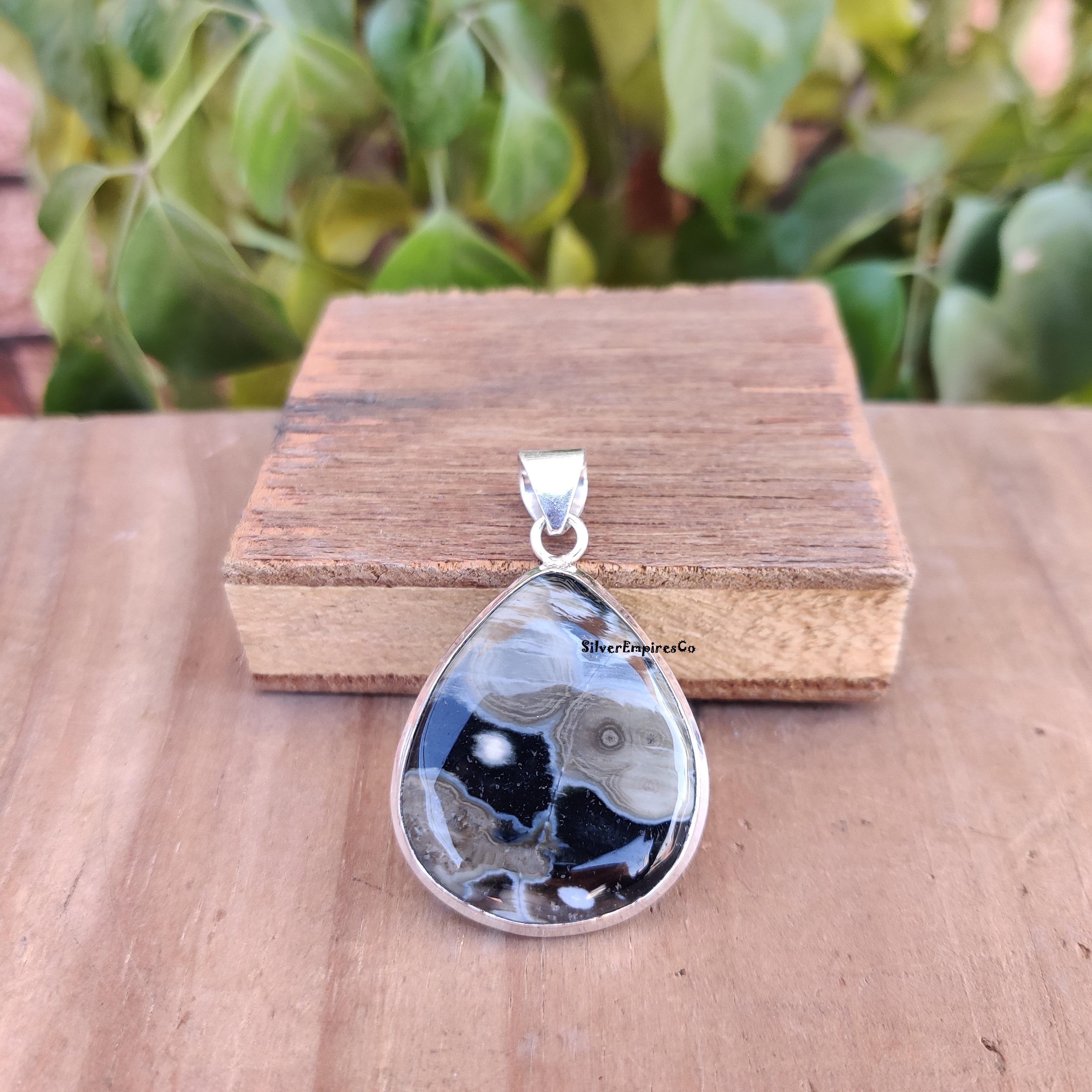 Pendentif En Argent Sterling 925 Avec Jaspe Océan Naturel - Fait Main Aux USA - Longueur 3 Pouces