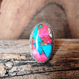 Ring i massivt 925 sterlingsilver, sockervadd i rosa koppar med turkos, handgjord ring, splitbandsring, rosa taggig ostronring, smyckegåva bild 6