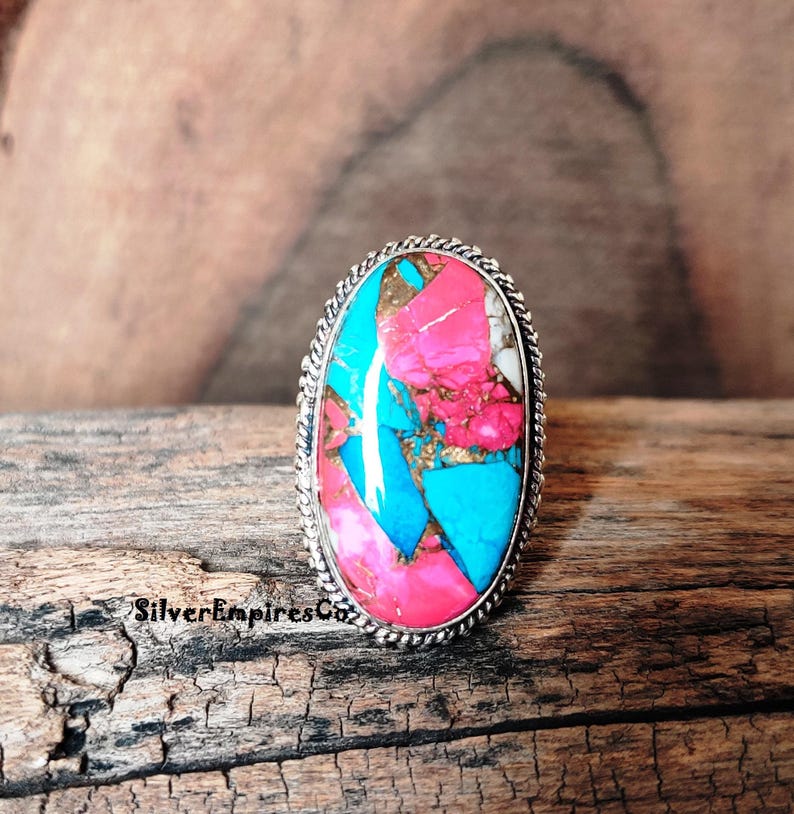 Ring i massivt 925 sterlingsilver, sockervadd i rosa koppar med turkos, handgjord ring, splitbandsring, rosa taggig ostronring, smyckegåva bild 6