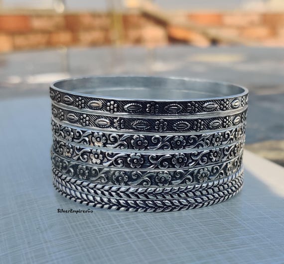 【Genri Lux 925SILVER HAND MADE BANGLE】 7 Set of Designer Silver Bangle, 925 Sterling Silver, Wedding Gift