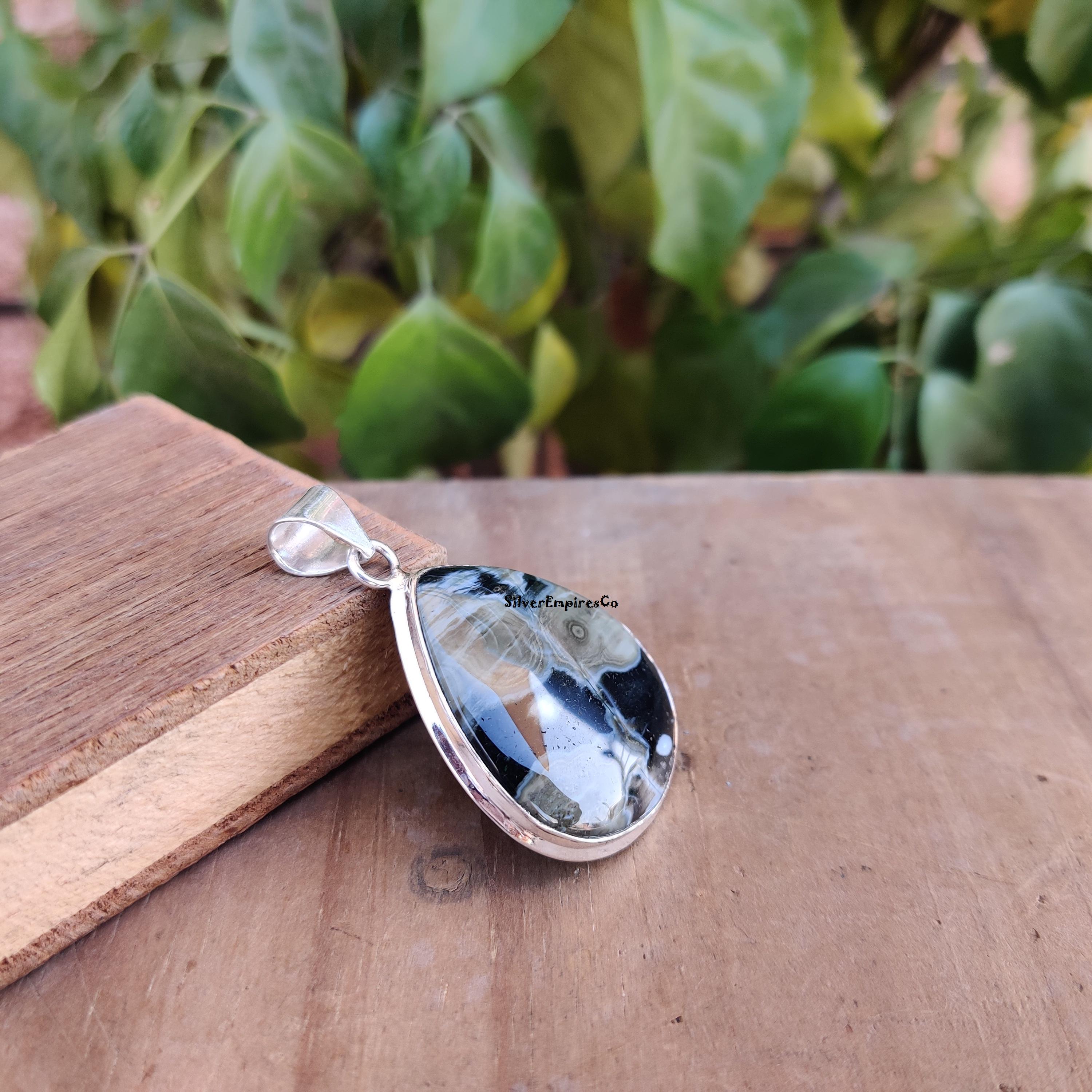 Pendentif En Argent Sterling 925 Avec Jaspe Océan Naturel - Fait Main Aux USA, Longueur 2,5 Pouces, Multicolore