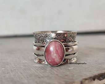 Spinnerring, Rhodochrositring, Ädelstensring i massivt 925 sterlingsilver, Handgjord ring, Silverring, Damring, Fantastiska ringar,