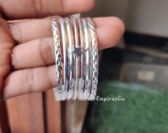 Set of 5 Solid 925 Sterling Silver Handmade Bangles, Silver Bangle Set for woman, Handmade Sterling Silver Bangles, Birthday Gift For Girl,