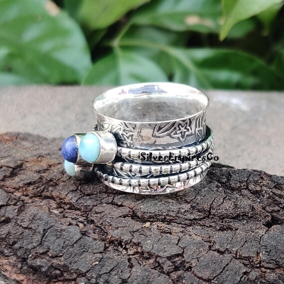 La-pis Lazily & Lari-mar Ring, 925 Sterling Silver Ring, Statement