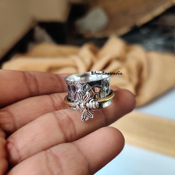 Beautiful Honey Bee Spinner Ring, 925 Sterling Silver, Handmade Silver Jewelry, Birthday Gift, Promise Ring, Thanksgiving Gift, Gift For Her