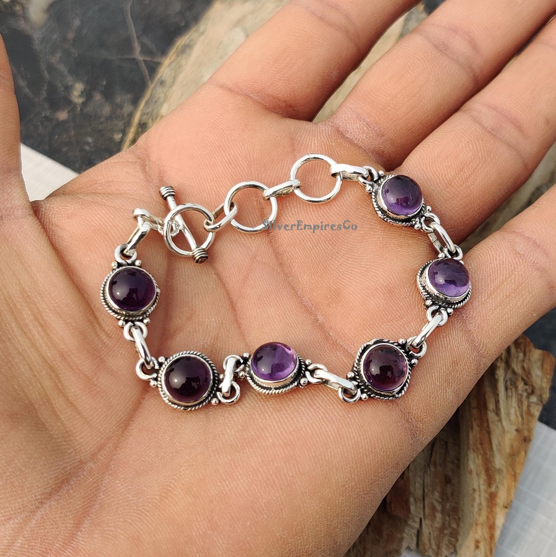 ソリッド925スターリングシルバーブレスレットアメジストブレスレット