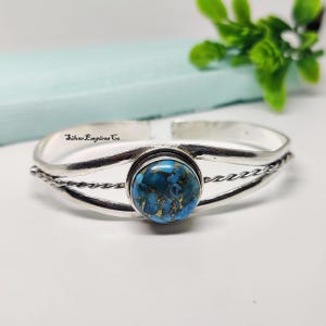Blue Copper Turquoise Bangle, 925 Sterling Silver, Round Stone Bangle, Adjustable Cuff Bangle, Handmade Gift For Her