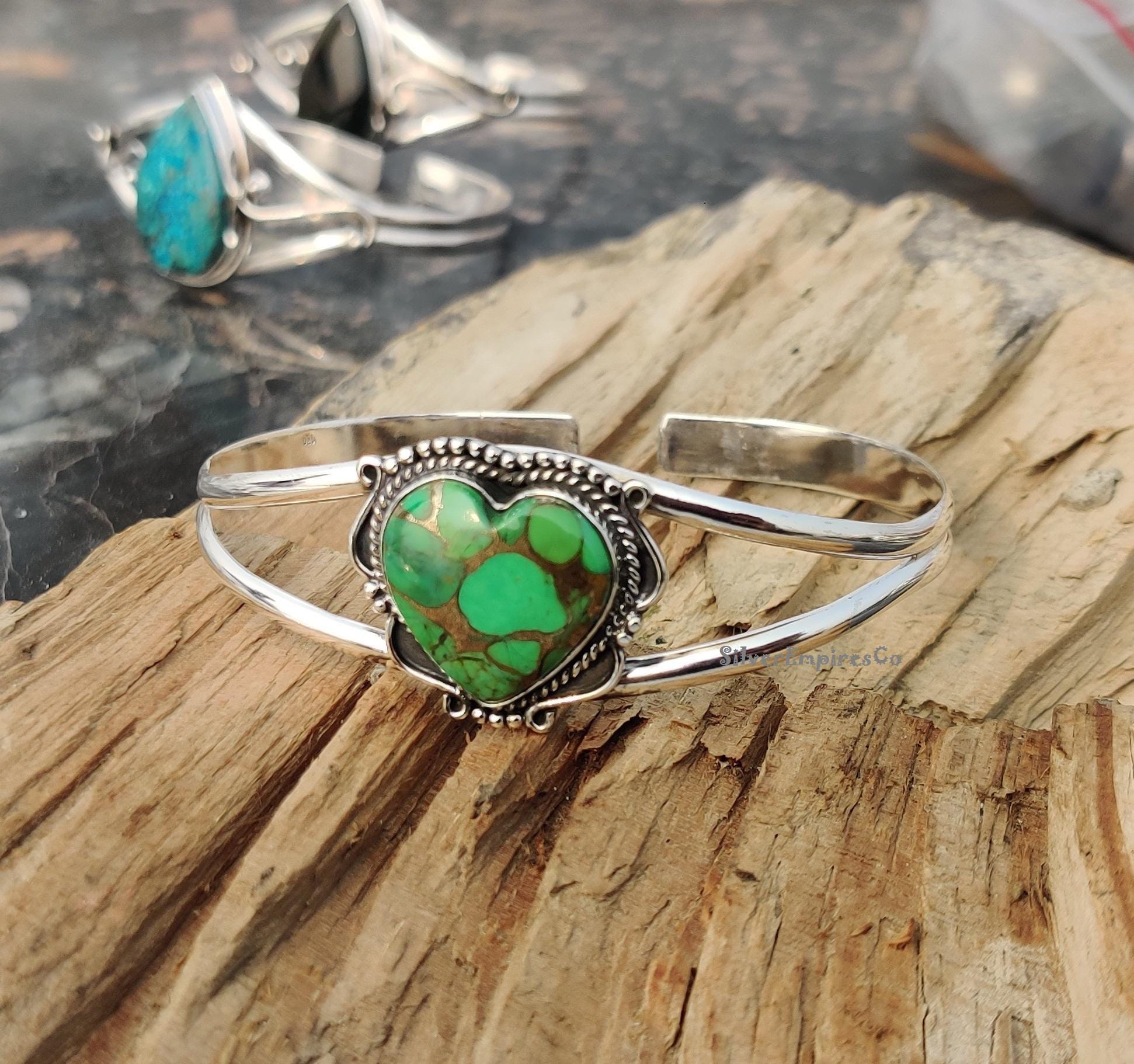 最高品質のグリーン銅ターコイズバングル ソリッド925スターリング