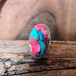 Ring i massivt 925 sterlingsilver, sockervadd i rosa koppar med turkos, handgjord ring, splitbandsring, rosa taggig ostronring, smyckegåva bild 3