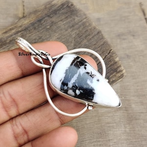 White Buffalo Turquoise Gemstone Pendant, Sterling Silver Black and White Statement Jewelry, Minimal Gemstone Necklace Gift, Halloween Gift.