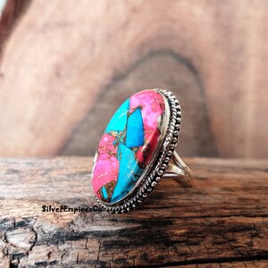 Ring i massivt 925 sterlingsilver, sockervadd i rosa koppar med turkos, handgjord ring, splitbandsring, rosa taggig ostronring, smyckegåva bild 4