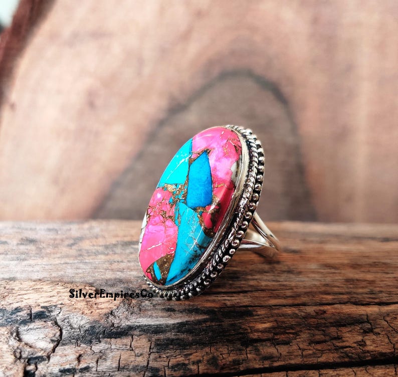 Ring i massivt 925 sterlingsilver, sockervadd i rosa koppar med turkos, handgjord ring, splitbandsring, rosa taggig ostronring, smyckegåva bild 4