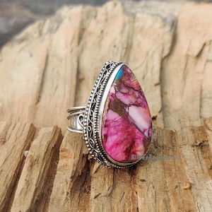 Anello con promessa, anello in argento sterling massiccio 925, anello in turchese rosa rame, anello fatto a mano, anello importante, anello regalo da donna, anello bellissimo,