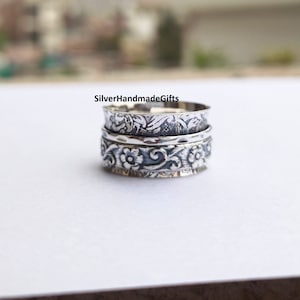 Spinner Ring,925 Sterling Silver Ring, Boho Ring, Wide Band Fidget Ring, Hammered Ring, Handmade Ring, Meditation Ring, Anniversary Rings