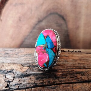 Ring i massivt 925 sterlingsilver, sockervadd i rosa koppar med turkos, handgjord ring, splitbandsring, rosa taggig ostronring, smyckegåva bild 10
