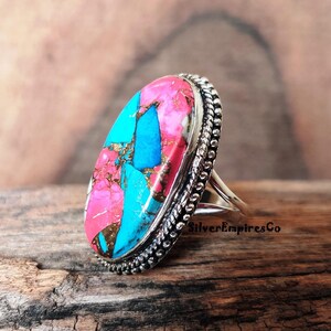 Ring i massivt 925 sterlingsilver, sockervadd i rosa koppar med turkos, handgjord ring, splitbandsring, rosa taggig ostronring, smyckegåva bild 2