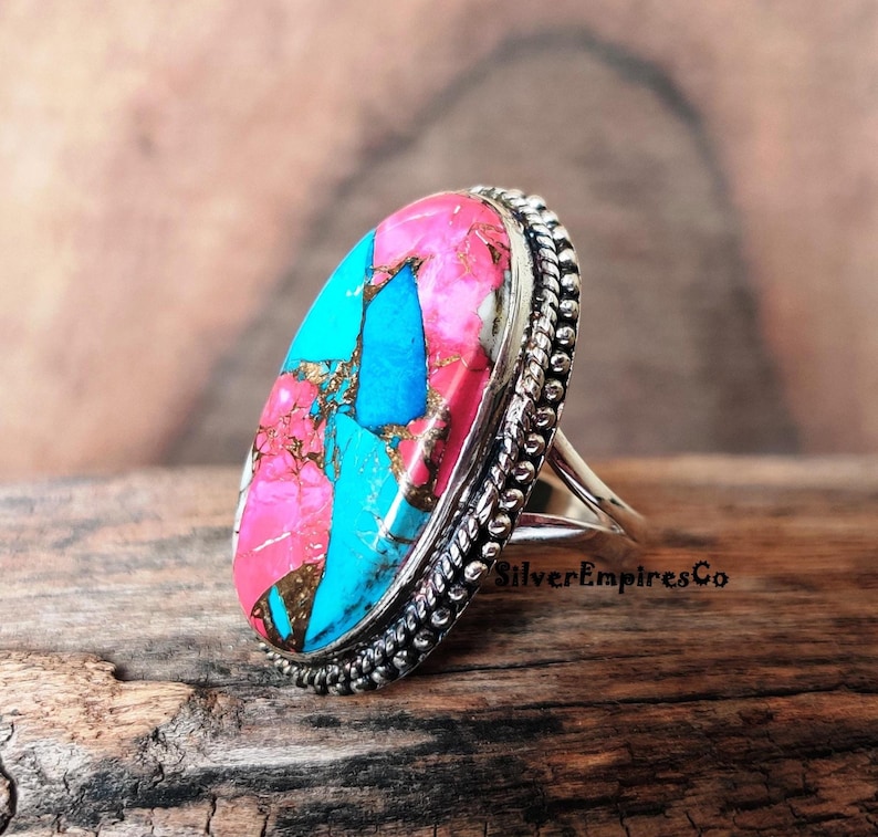 Ring i massivt 925 sterlingsilver, sockervadd i rosa koppar med turkos, handgjord ring, splitbandsring, rosa taggig ostronring, smyckegåva bild 2