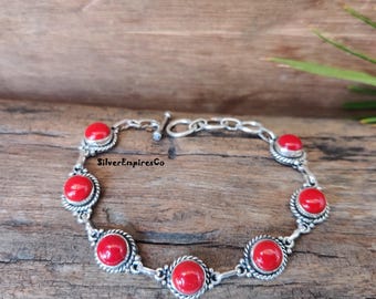 Amazing Red Coral Gemstone Bracelet, Solid 925 Sterling Silver, Handmade Jewelry, Women Wear Bracelet, Wedding Gift, Gift For Birthday.