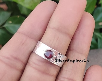 Natural Garnet Ring, 925 Sterling Silver, Gemstone Wide Band Ring, Handmade Jewelry, Women Ring, Garnet Jewelry, Gift Ring For Festival.