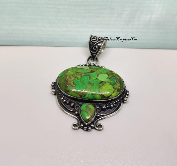 Green Copper Turquoise Pendant, 925 Sterling Silver, Boho Artisan Pendant, Oxidised Jewelry, Vintage Pendant Necklace.