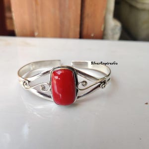 Natural Red Coral Bangle , Gemstone Bangle , Ethnic Cuff Bracelet , Adjustable Bangle , 925 Sterling Silver Plated Jewelry, Decent Bangle.