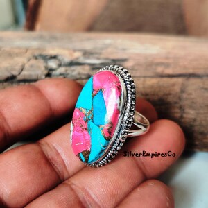 Ring i massivt 925 sterlingsilver, sockervadd i rosa koppar med turkos, handgjord ring, splitbandsring, rosa taggig ostronring, smyckegåva bild 1