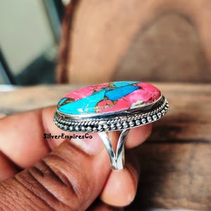 Ring i massivt 925 sterlingsilver, sockervadd i rosa koppar med turkos, handgjord ring, splitbandsring, rosa taggig ostronring, smyckegåva bild 9