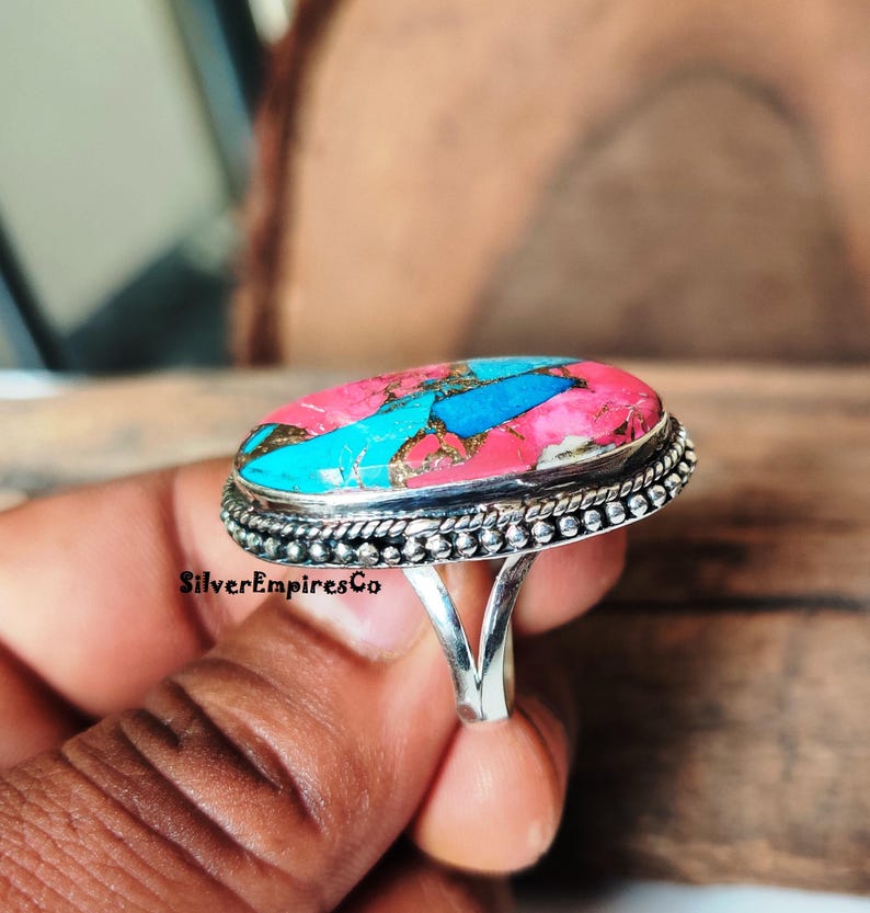 Ring i massivt 925 sterlingsilver, sockervadd i rosa koppar med turkos, handgjord ring, splitbandsring, rosa taggig ostronring, smyckegåva bild 9